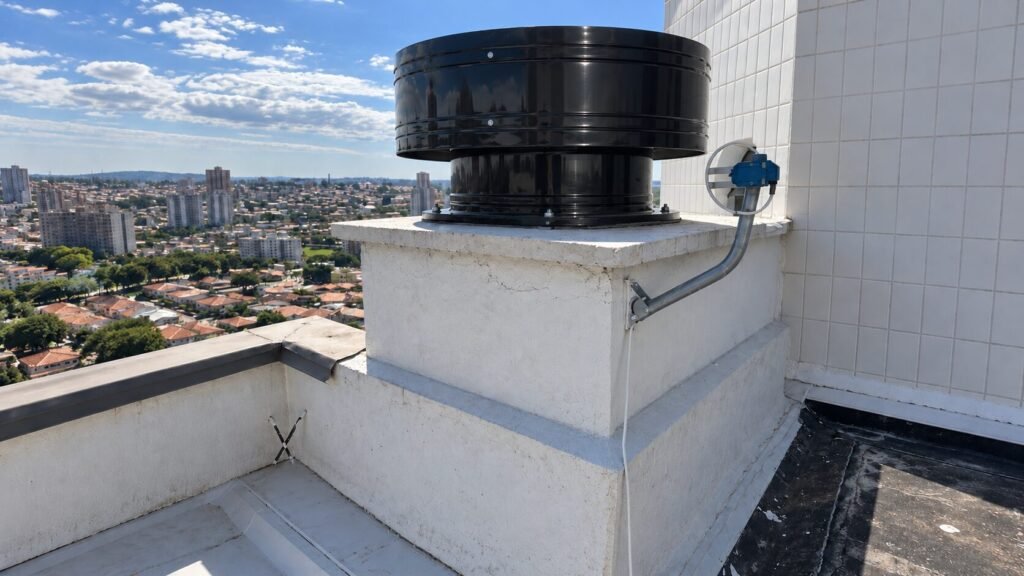 Exaustor predial instalado na cobertura de um condominio, com vista panoramica da cidade