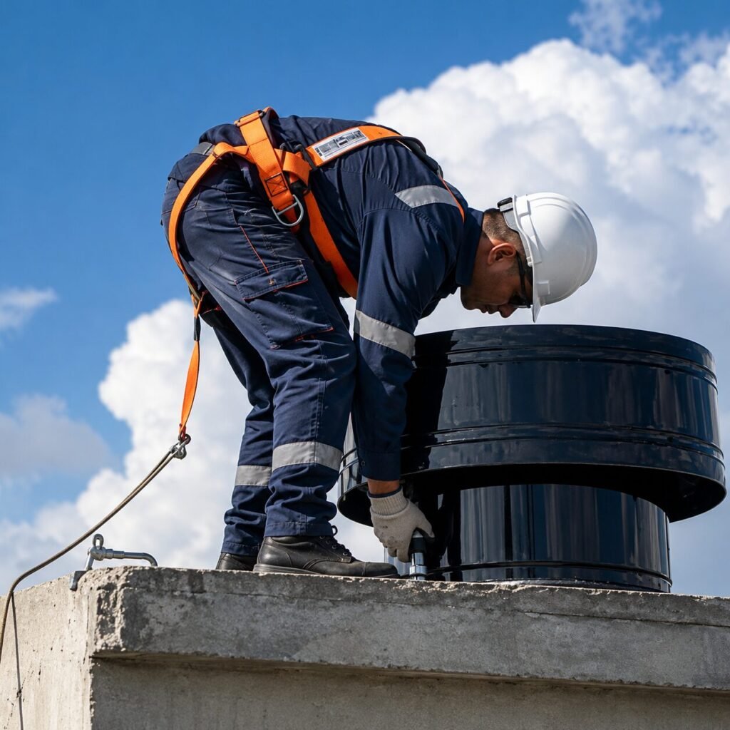 Tecnico com cinto de seguranca instalando exaustor de churrasqueira predial na cobertura de condominio