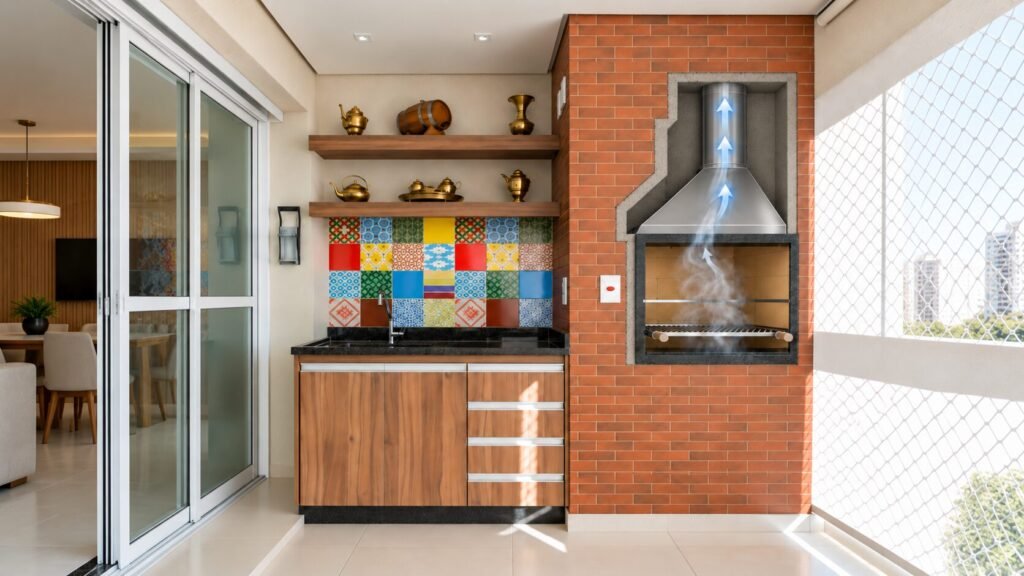 Espaço gourmet decorado com churrasqueira predial integrada à sacada do apartamento