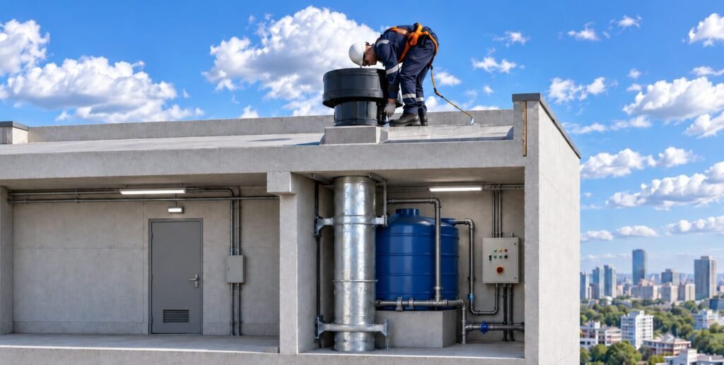 Técnico realizando manutenção em exaustor de churrasqueira instalado na cobertura do prédio