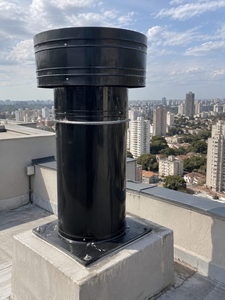 Duto de exaustão coletiva predial instalado no telhado, com vista para o skyline de São Paulo