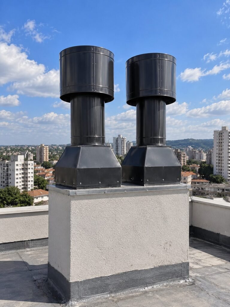 Dois exaustores prediais instalados lado a lado na cobertura de um edificio