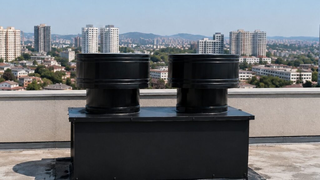 Conjuntos motoventiladores de exaustão instalados em cobertura de edifício residencial pela RENOV-AR