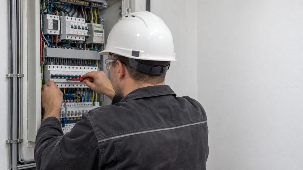 Tecnico com capacete realizando instalacao eletrica em painel de comando de sistema de exaustao